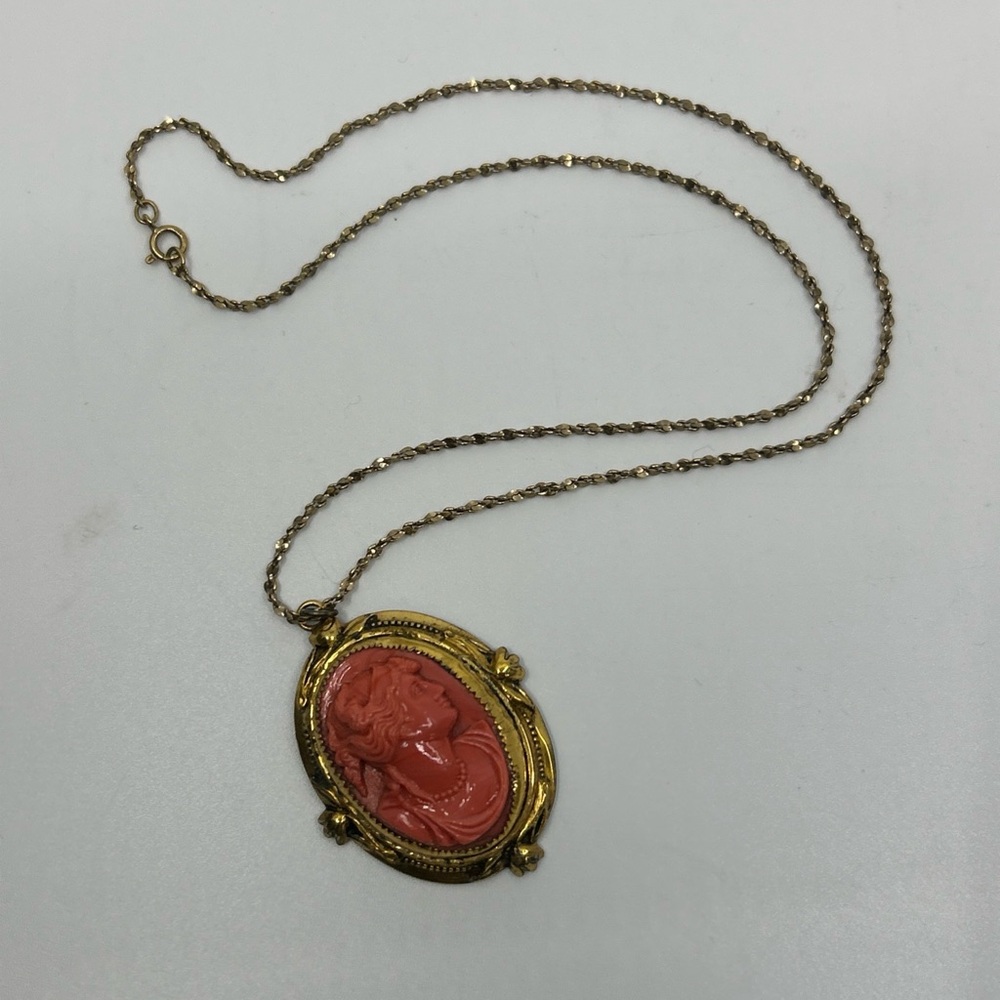 1/20 12k Gold Filled 18” Chain Necklace Coro Sterling Cameo Pendant Red Vintage - Picture 2 of 12